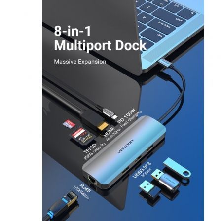 Vention TOKHB Docking USB Tipo-C con 1xHDMI, 3xUSB, USB-C PD, RJ45, Lector SD/MicroSD - Gris